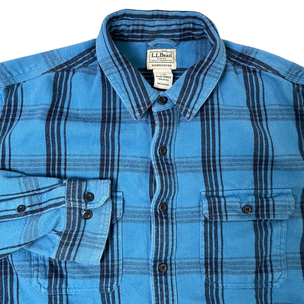 LL Bean Slightly Fitted Flannel‎ Mens Large Tall Blue 100% Organic Cotton Cabin